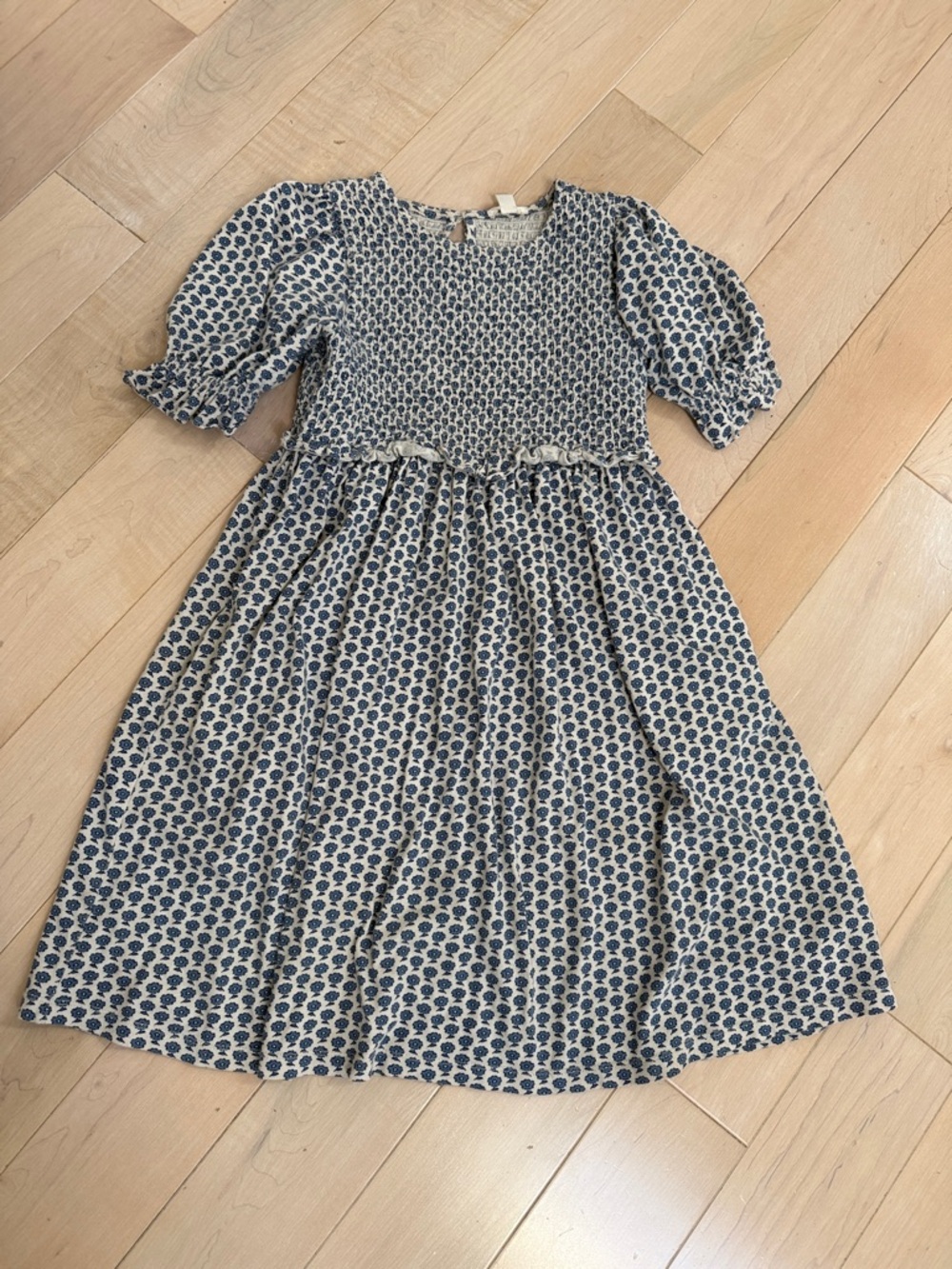 Crewcuts Blue and White Printed Puff-Sleeve smocked Dress